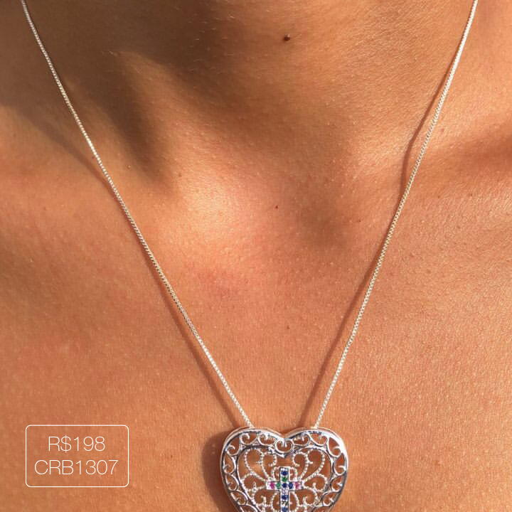 Colar Mandala de Coração Liso c/ Cruz Rainbow Prateado